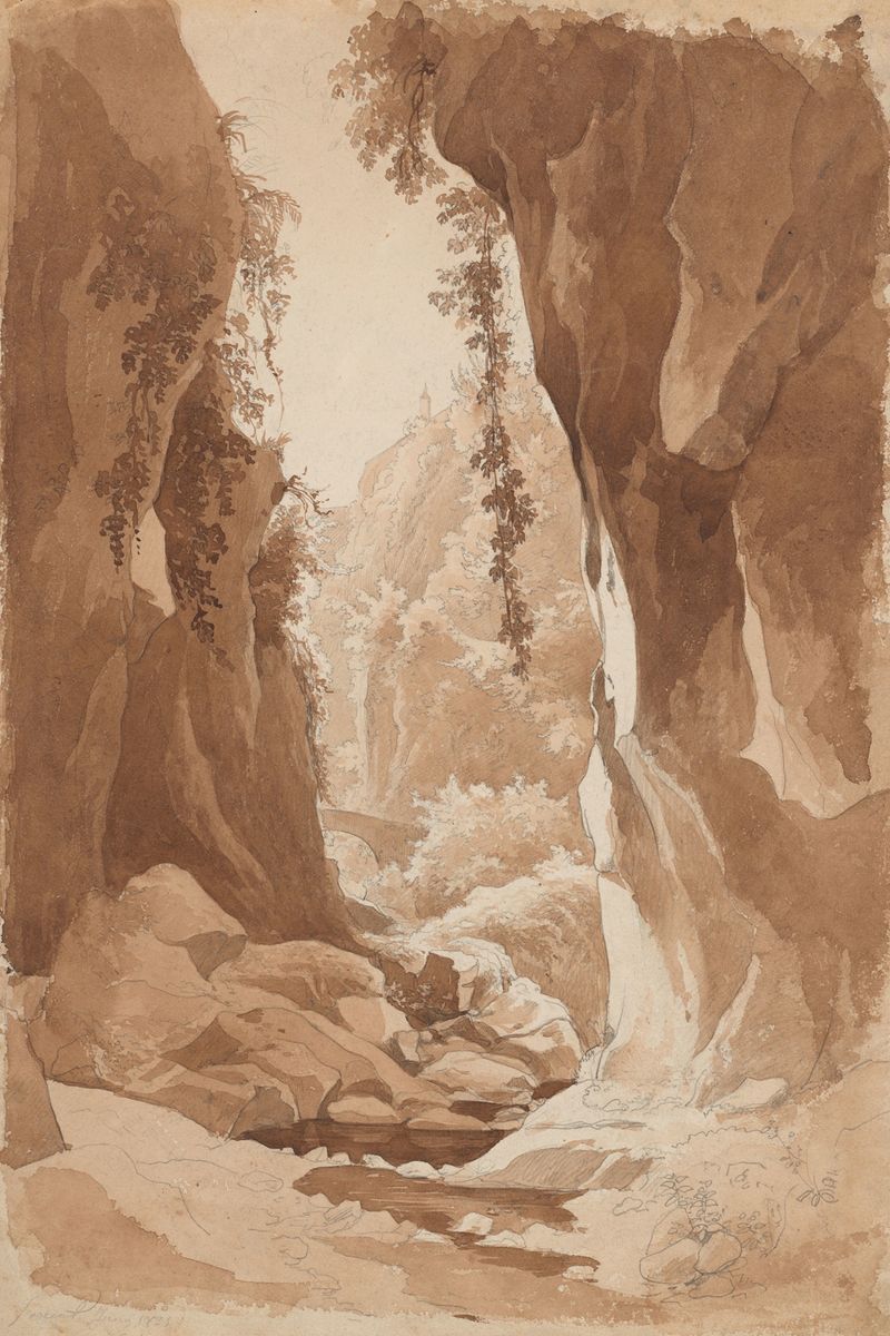 Cliffs overhanging a river gorge, watercolor on paper by Johann Joachim Faber