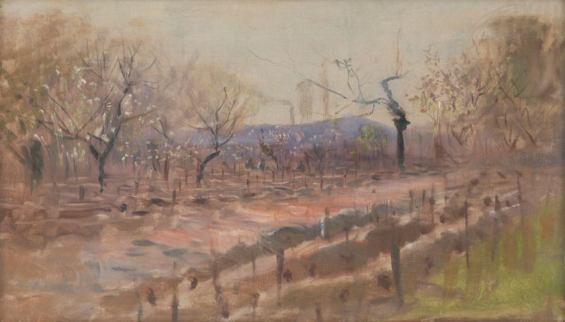 Paisagem da primavera de Ladislav Mednyánszky, óleo sobre tela com árvores em flor.