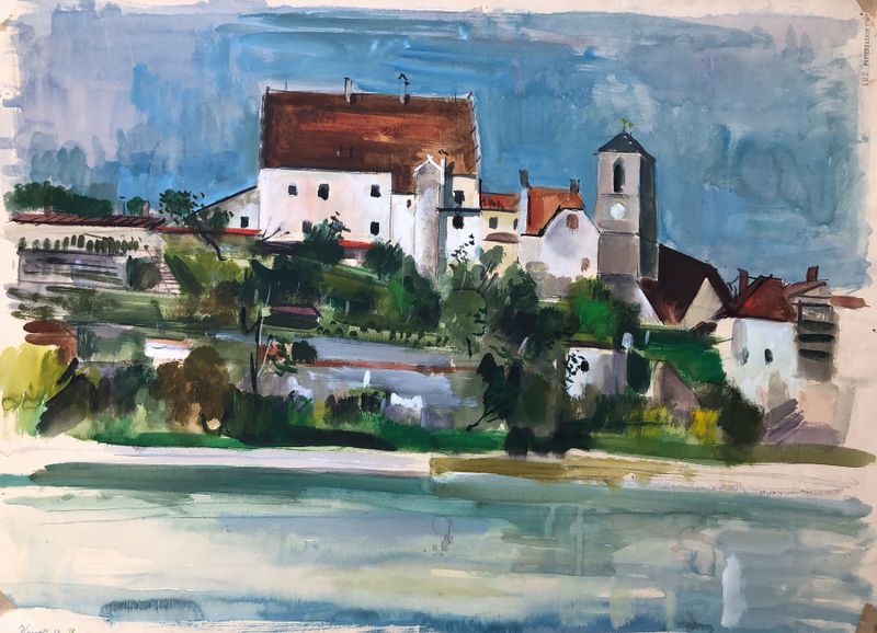 Wasserburg am Inn, oil on canvas by Otto Geigenberger, featuring a castle and river reflections.
