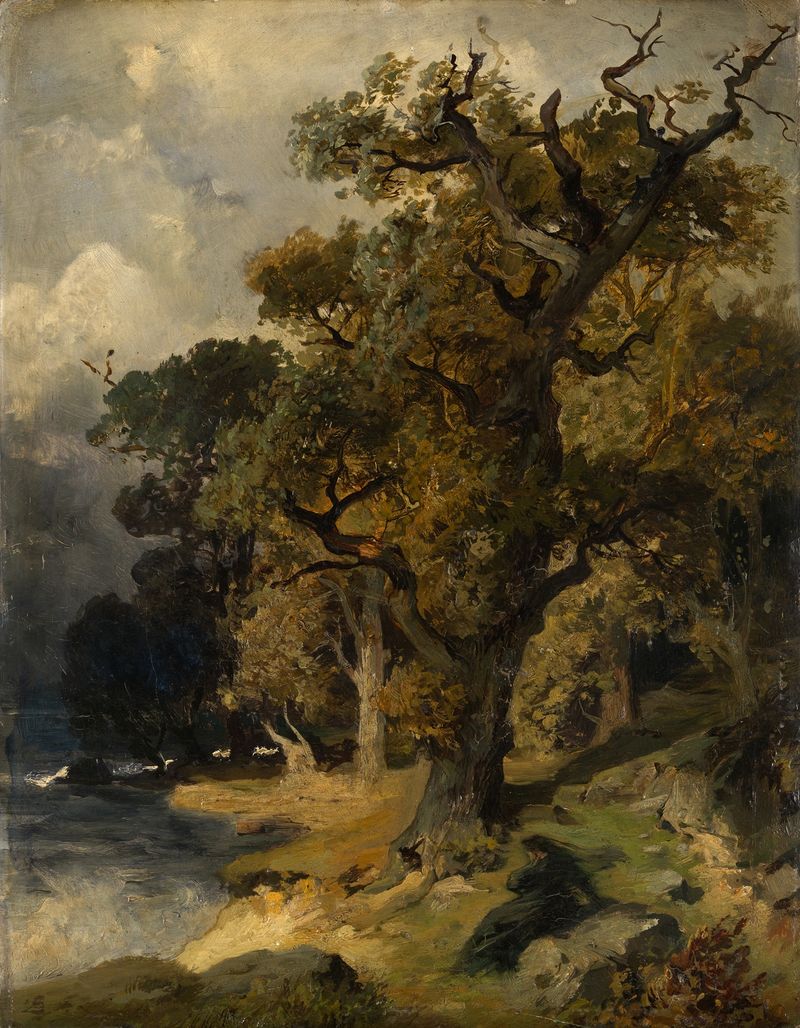 Autumn landscape with trees reflecting on the lake, oil painting by Edmund Kanoldt