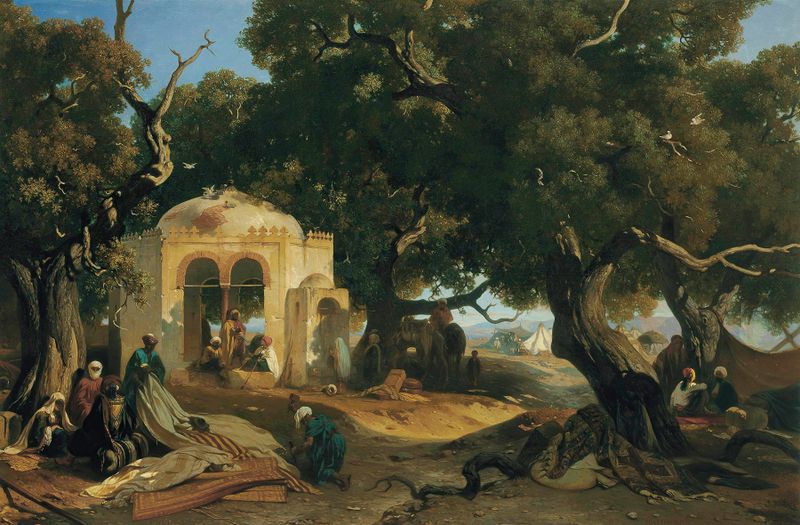 Paisaje desértico con dunas y luz dorada, óleo sobre lienzo de Jean Nicolas Henri de Chacaton.