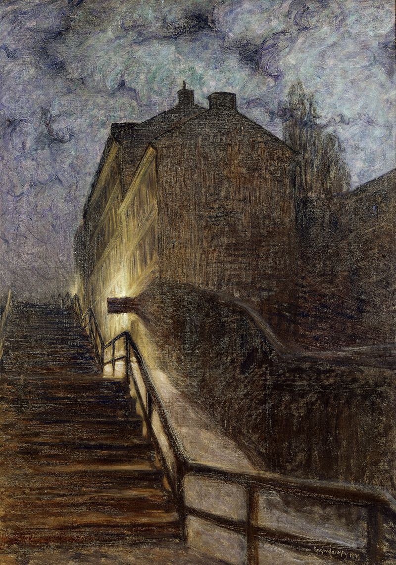Motif from Timmermansgatan by Eugène Jansson, oil on canvas depicting a twilight street scene.