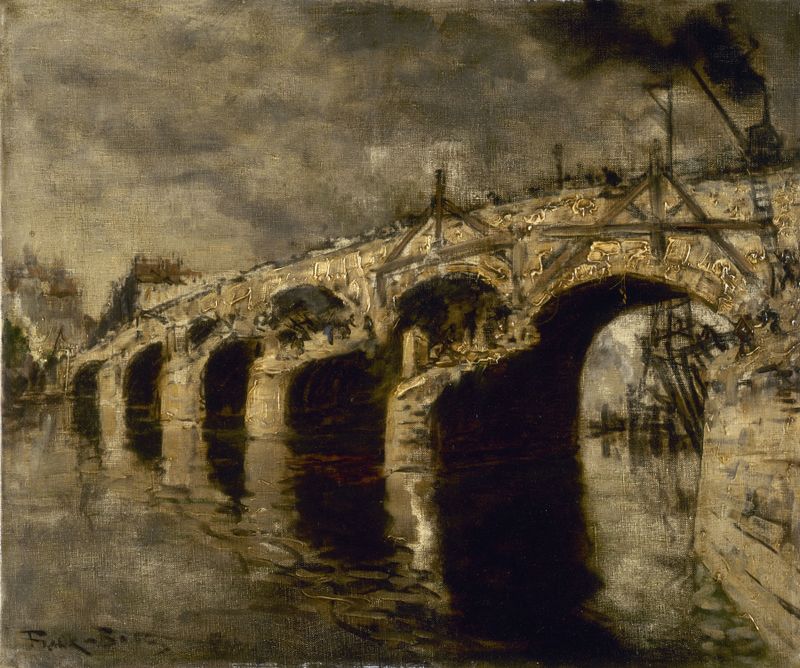 La démolition de l’ancien pont de la Tournelle, oil on canvas by Frank Myers Boggs, showing a bridge at dawn.
