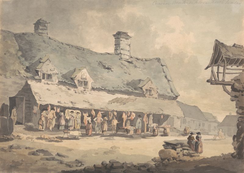 Corwen Marketplace de Edward Dayes, acuarela sobre papel, que representa una escena de mercado bulliciosa.