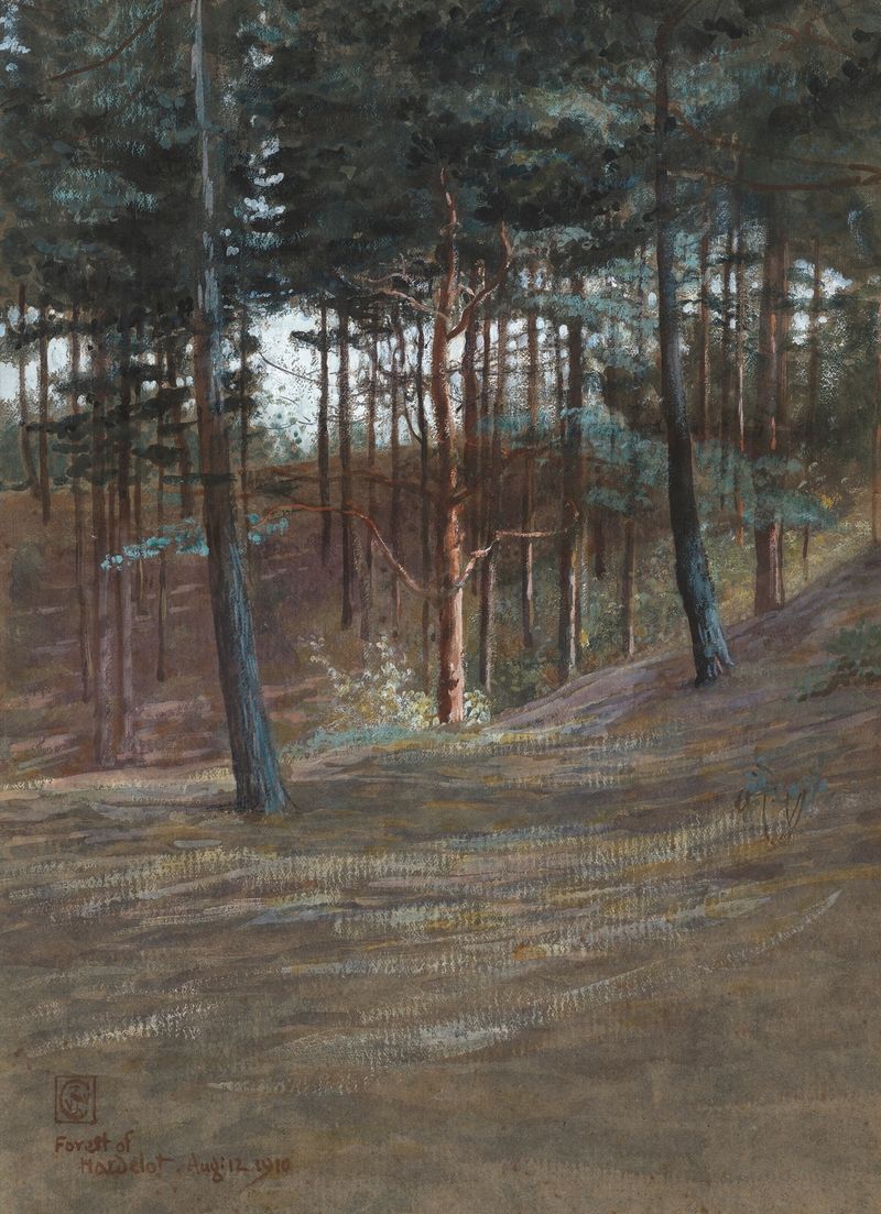 A Bit in Hardelot Forest, oil on canvas by Walter Crane, featuring a tranquil forest path with dappled light.