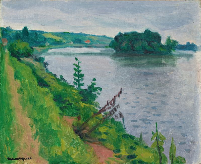 La Seine à Rolleboise de Albert Marquet, pintura a óleo que retrata uma paisagem de rio tranquila com árvores.
