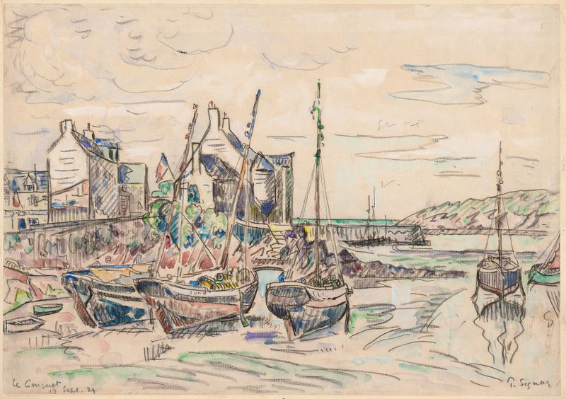 Paisagem costeira com ondas e pôr do sol, óleo sobre tela de Paul Signac