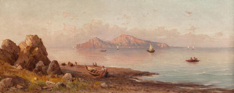 Landscape of Capri with azure sky and Mediterranean waves by Henryk Cieszkowski, oil on canvas