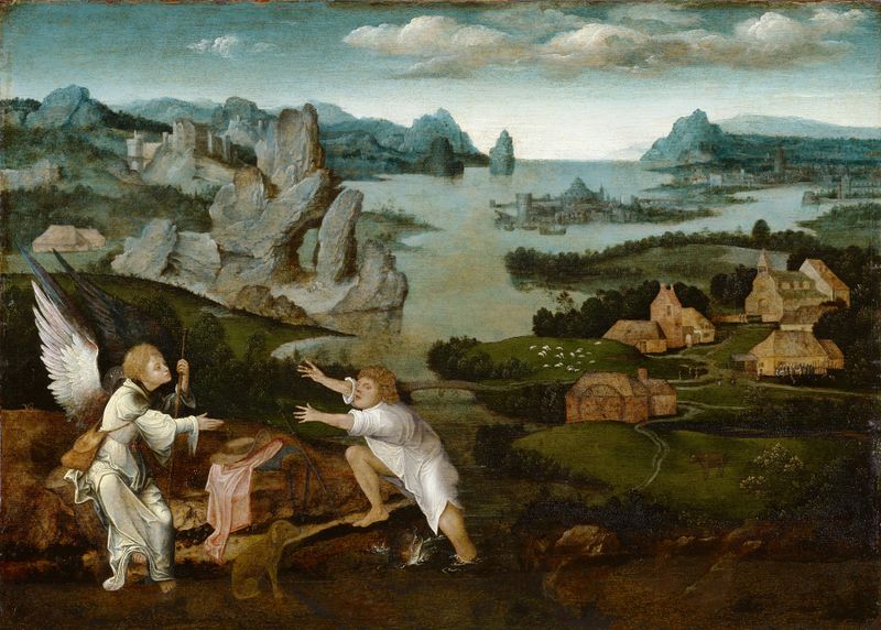 Escena religiosa renacentista con Tobías y el ángel en un paisaje, Artista Desconocido