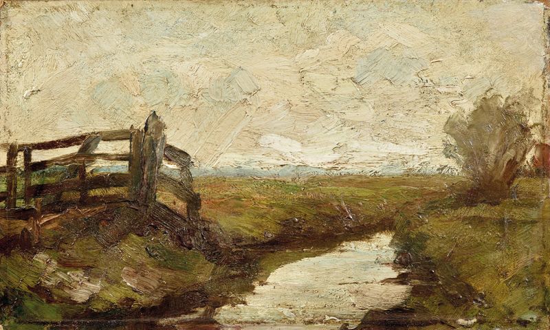 Irrigation ditch with wood gate at left, oil on canvas by Piet Mondrian