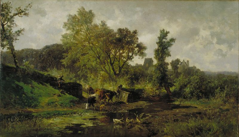 Flemish Landscape by Carlos de Haes, oil painting depicting fields and sunlight.