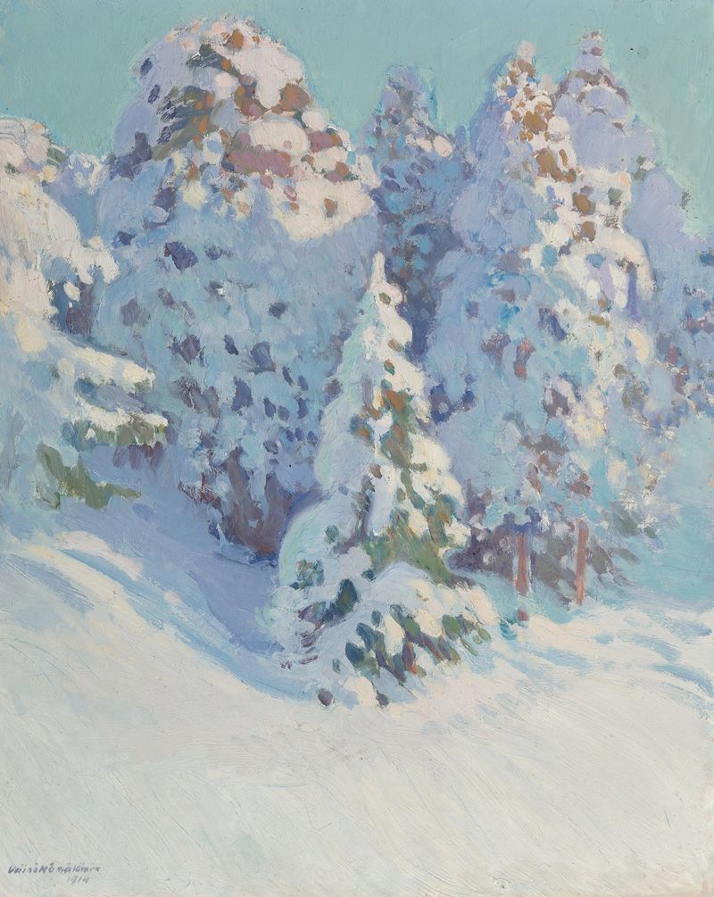 Paisaje que representa la primavera temprana en Espoo por Väinö Hämäläinen, pintura al óleo