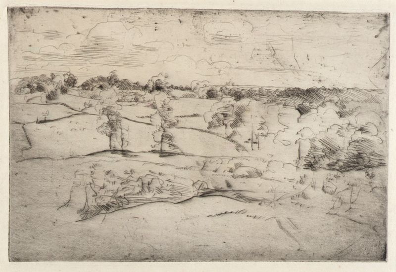Landscape de Julian Alden Weir, pintura al óleo que representa un bosque sereno con luz filtrada.
