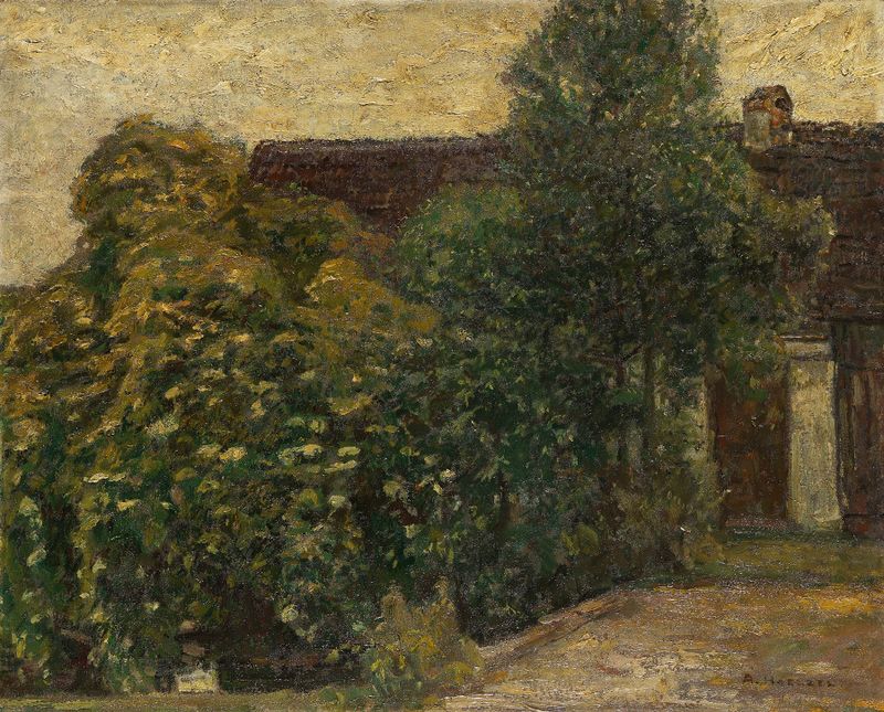 Bäume vor dem Haus by Adolf Hölzel, oil on canvas depicting trees in twilight.