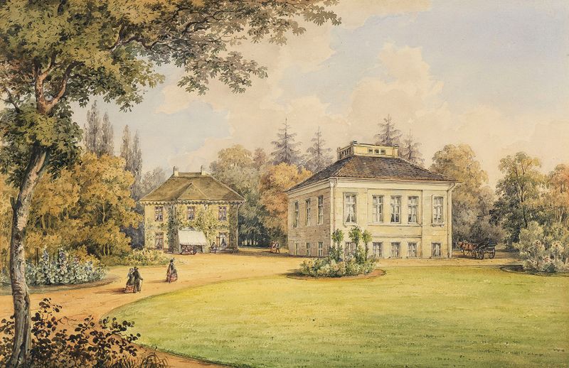 Zugeschrieben – Madame Gumpels Landhaus in Neumühlen de Otto Speckter, pintura a óleo que retrata uma paisagem tranquila.