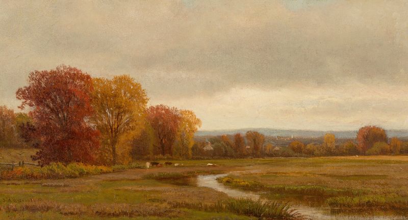 Autumn landscape oil painting by James Renwick Brevoort with vibrant orange and gold foliage.