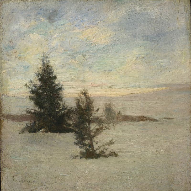 Snow Weather by John La Farge, oil painting depicting a serene winter landscape.
