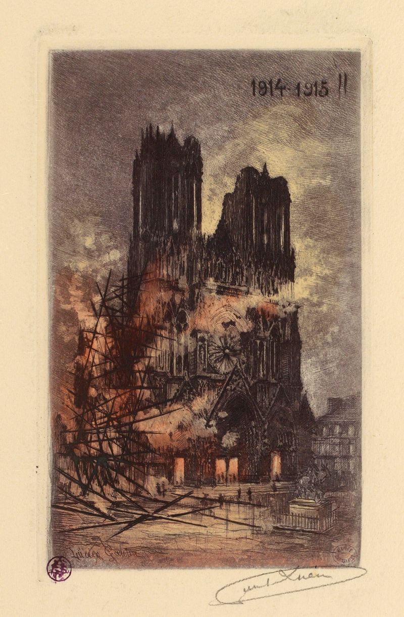 La cathédrale de Reims en feu de Lucien Marcelin Gautier, pintura a óleo de uma catedral em chamas.