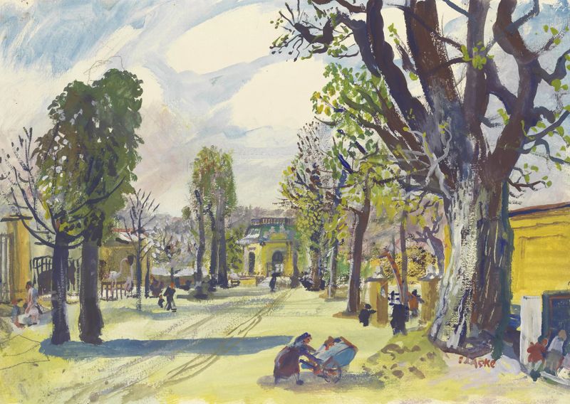 Paisagem de Oskar Laske, representando um caminho de jardim com luz salpicada, impressionismo