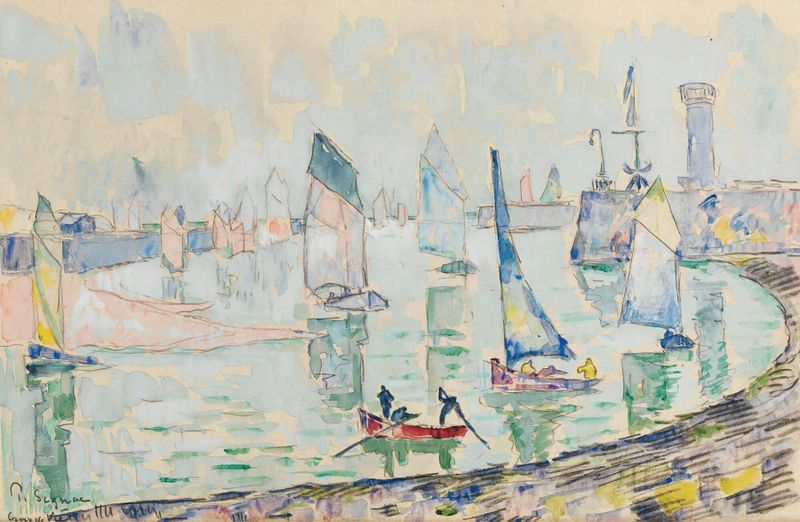 Saint-Gilles Croix-De-Vie de Paul Signac, óleo sobre tela que retrata barcos em um porto.