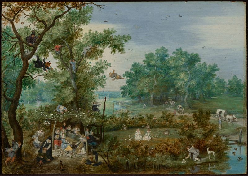 Genre scene with friends in a sunlit arbor, oil painting by Adriaen van de Venne
