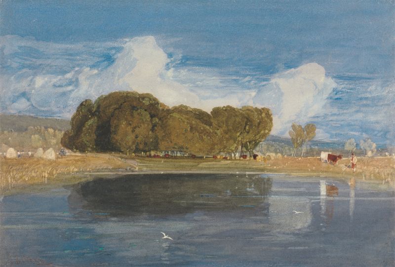 Acuarela de John Sell Cotman que representa un río tranquilo y vegetación exuberante