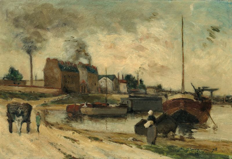 Les usines Cail et Quai de Grenelle de Paul Gauguin, óleo sobre tela mostrando fábricas sob um céu sombrio.