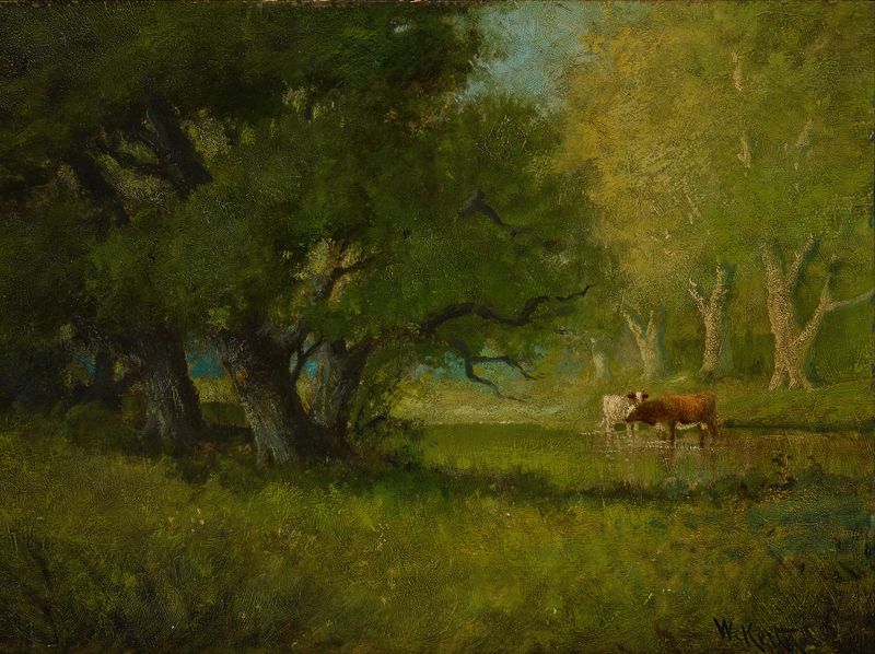 Landscape (Midsummer) de William Keith, pintura a óleo que retrata uma vibrante cena de floresta.