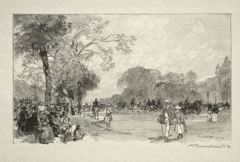 L’Avenue des Champs Elysées de Auguste Louis Lepère, pintura a óleo que retrata uma avenida tranquila com árvores.