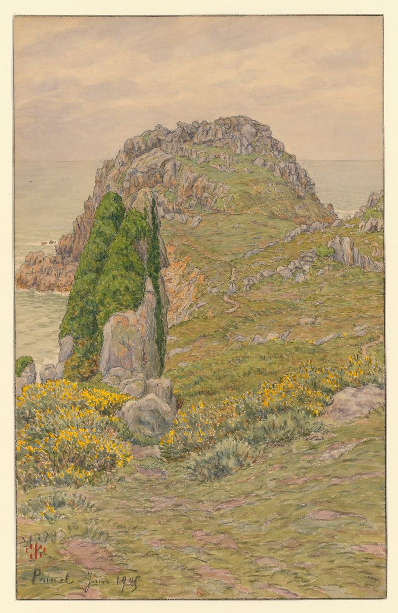 Litografía de Henri Rivière que muestra un paisaje con piedras texturizadas en tonos apagados.