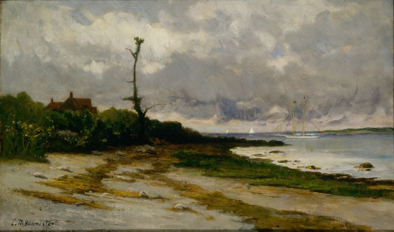 Landscape near Newport, R. I. de Edward Mitchell Bannister, pintura al óleo que representa el horizonte y el agua.