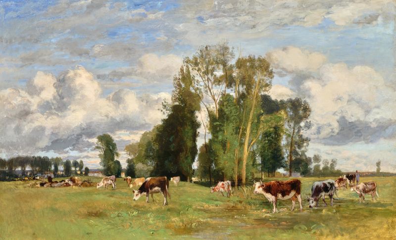 Oil painting by Eugen Jettel depicting cows grazing in a landscape with rolling hills and dusky sky.