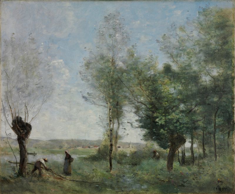 Paisagem com luz suave e folhagem de Jean-Baptiste-Camille Corot, pintura a óleo