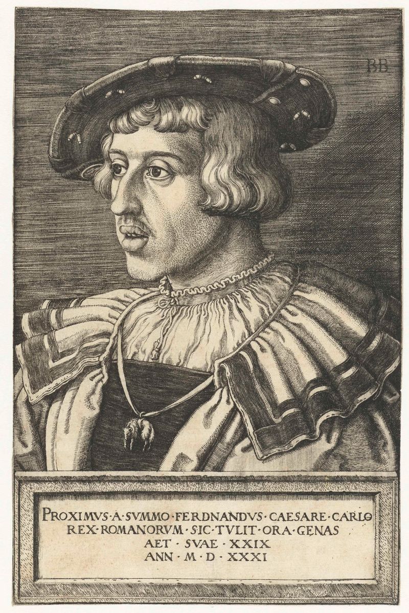 Engraving of Emperor Ferdinand I by Barthel Beham, featuring regal attire and expression.