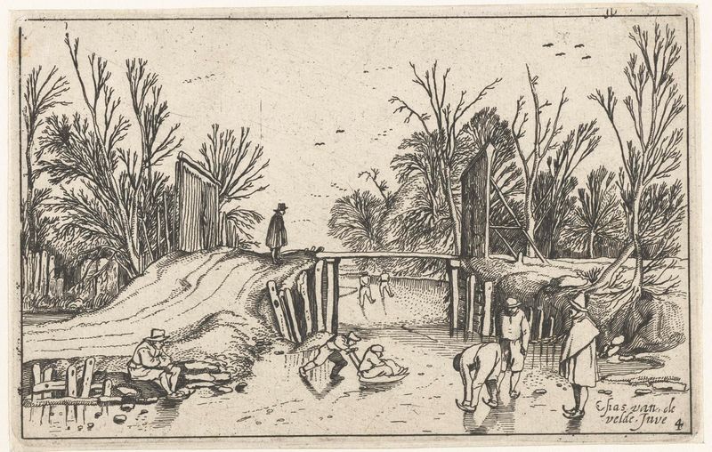 Schaatsers voor een houten brug, gravura de Unknown Artist mostrando patinadores no gelo