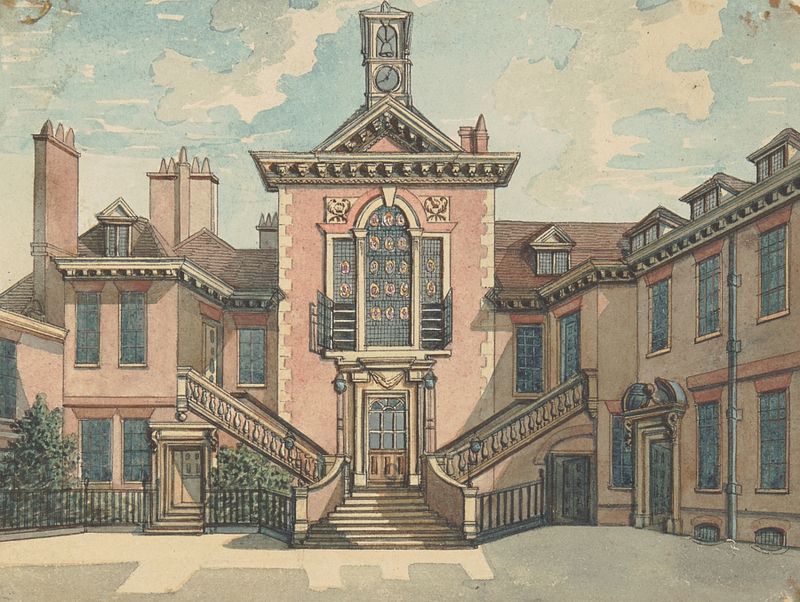 Sergeant’s Inn de Samuel Ireland, óleo sobre lienzo que representa un paisaje cálido con figuras y luz acogedora.