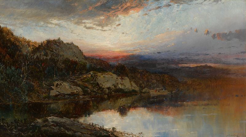 Landscape with Sunset by William Louis Sonntag, oil painting depicting a vibrant sunset over waves.