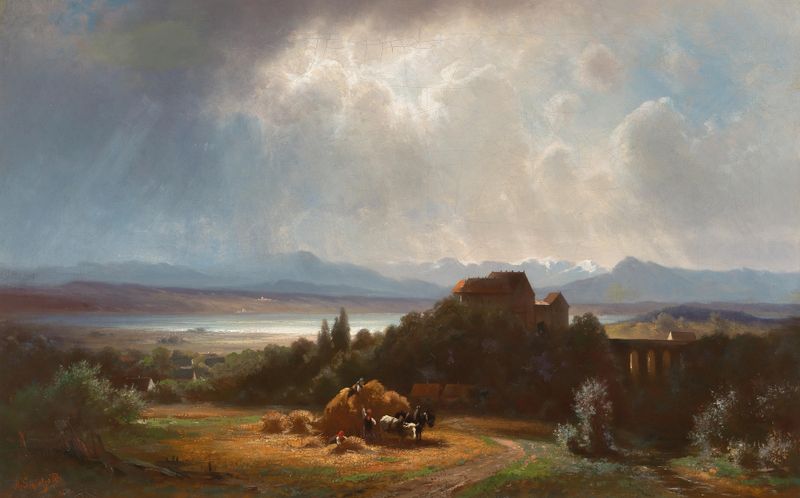 Escena de género de la cosecha de heno de Robert Schietzold, óleo