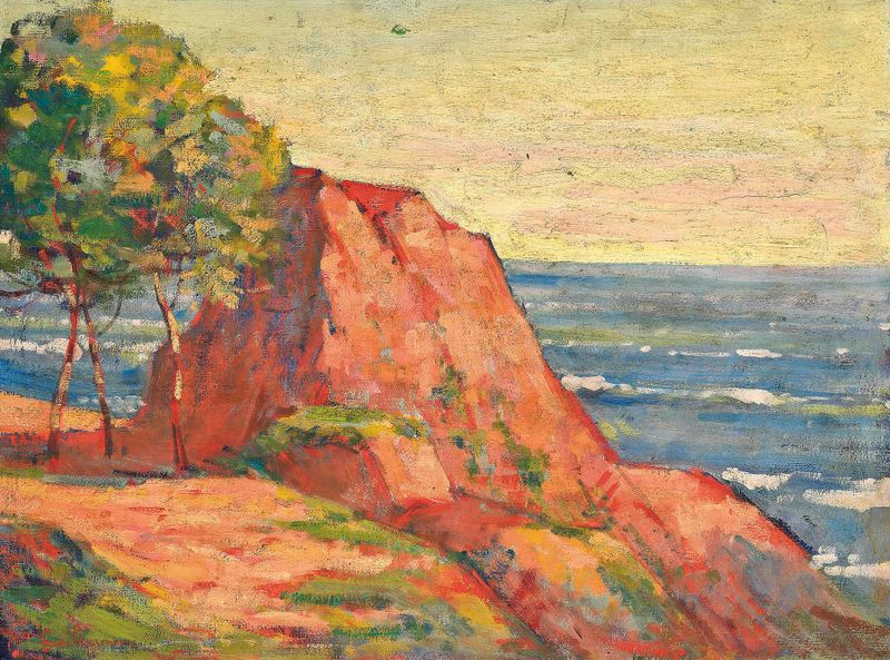 Les roches rouges à Agay de Armand Guillaumin, pintura a óleo que retrata rochas vermelhas e céu azul