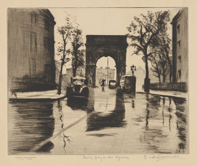 Rainy Day on the Square, oil on canvas by Elias Grossman, depicting a lively square with reflections on wet cobblestones.