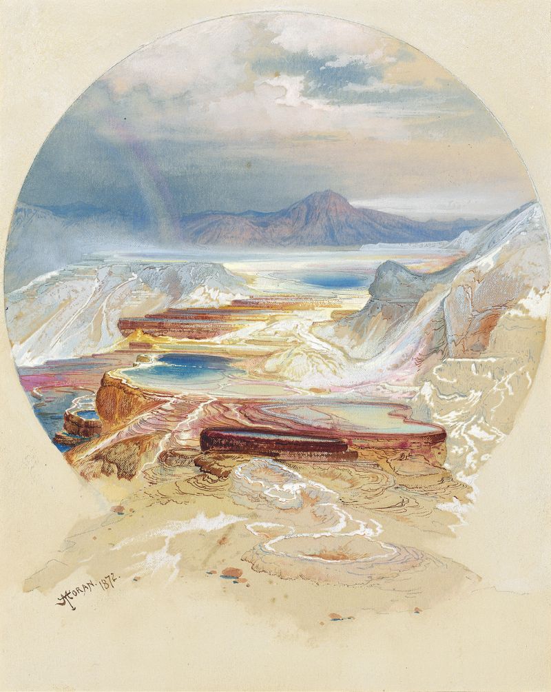 Minerva Terrace, Yellowstone de Thomas Moran, óleo sobre lienzo que muestra vapor y colores vibrantes.