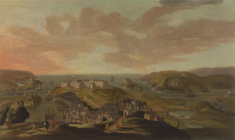 Cena marinha de Plymouth por Hendrik Danckerts, óleo sobre tela mostrando o porto e reflexos do céu.