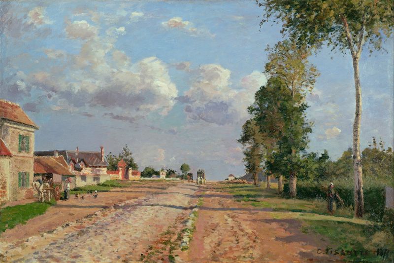 Route de Versailles, Rocquencourt de Camille Pissarro, pintura a óleo que retrata uma paisagem serena com árvores.
