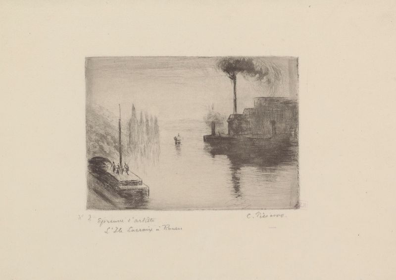 L’Ile Lacroix à Rouen, oil on canvas by Camille Pissarro, depicting a river landscape with lush greenery.