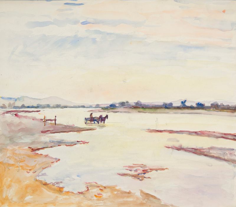 Expressionism landscape by Ivan Ivanec depicting a river and barren trees.