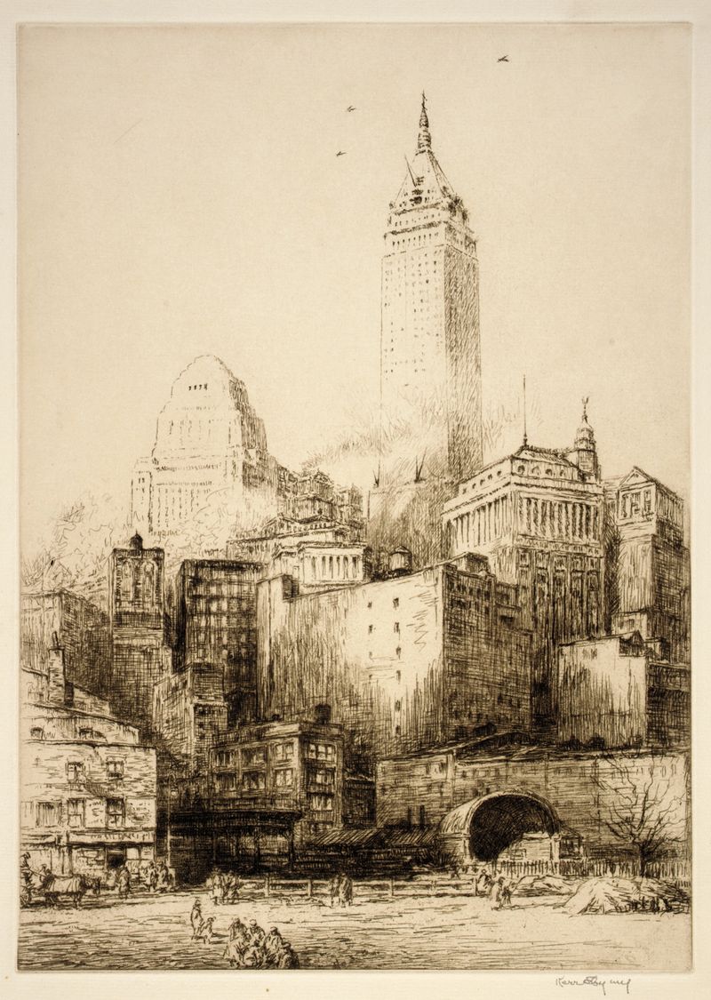 Etching by Kerr Eby depicting a figure under electric light and shadows.