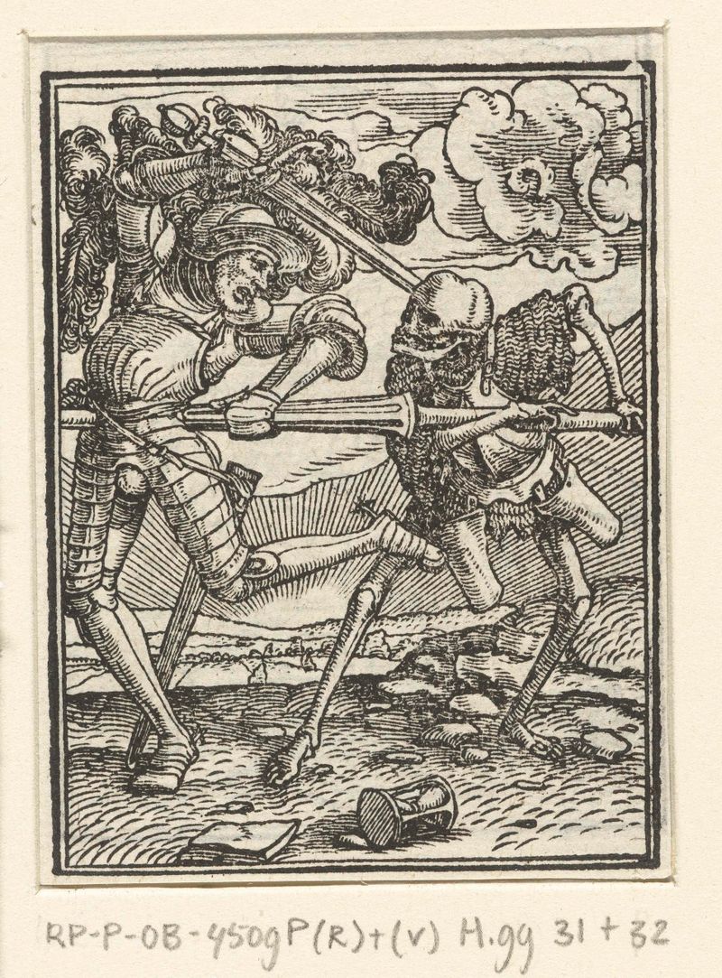 Ridder en de Dood de Hans Holbein, gravura em papel mostrando um cavaleiro confrontando a Morte.