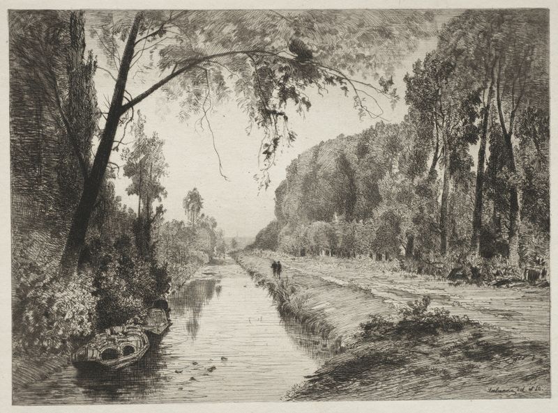 Canal en Pont Sainte-Maxence de Maxime Lalanne, impresionismo, que representa una escena de canal tranquila