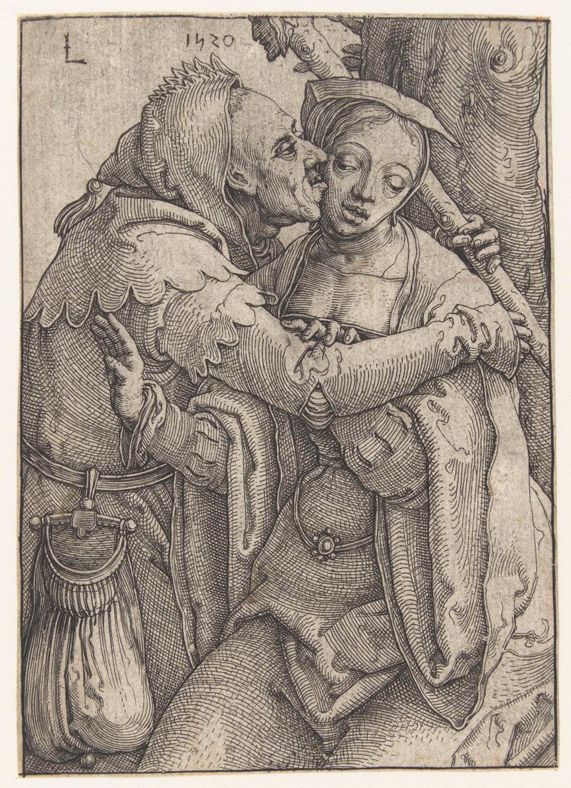 Gravura de Lucas van Leyden apresentando um bufão e uma jovem em trajes contrastantes
