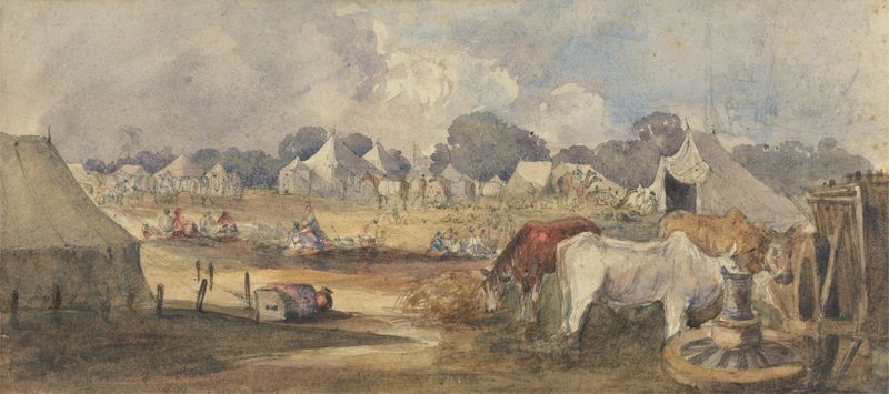 An Eastern Encampment by William James Müller, oil on canvas depicting tents in a desert landscape.